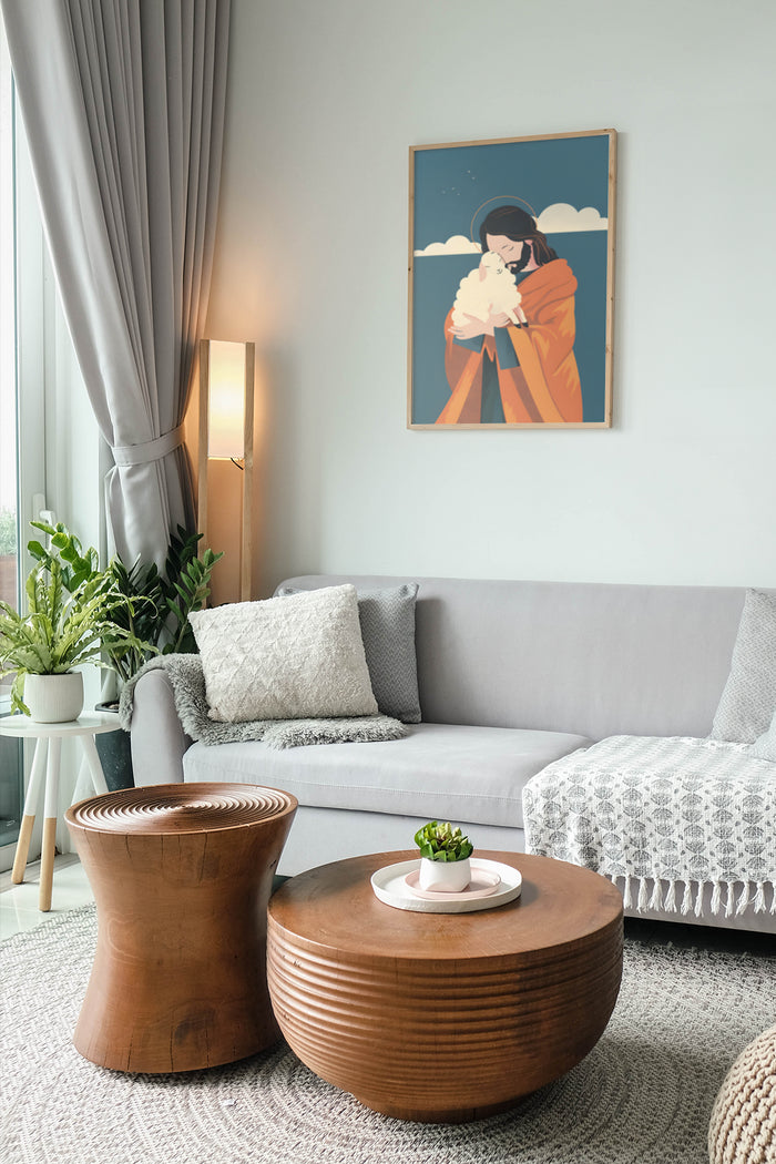 Vintage style artwork of a saint holding a lamb in a modern living room setting