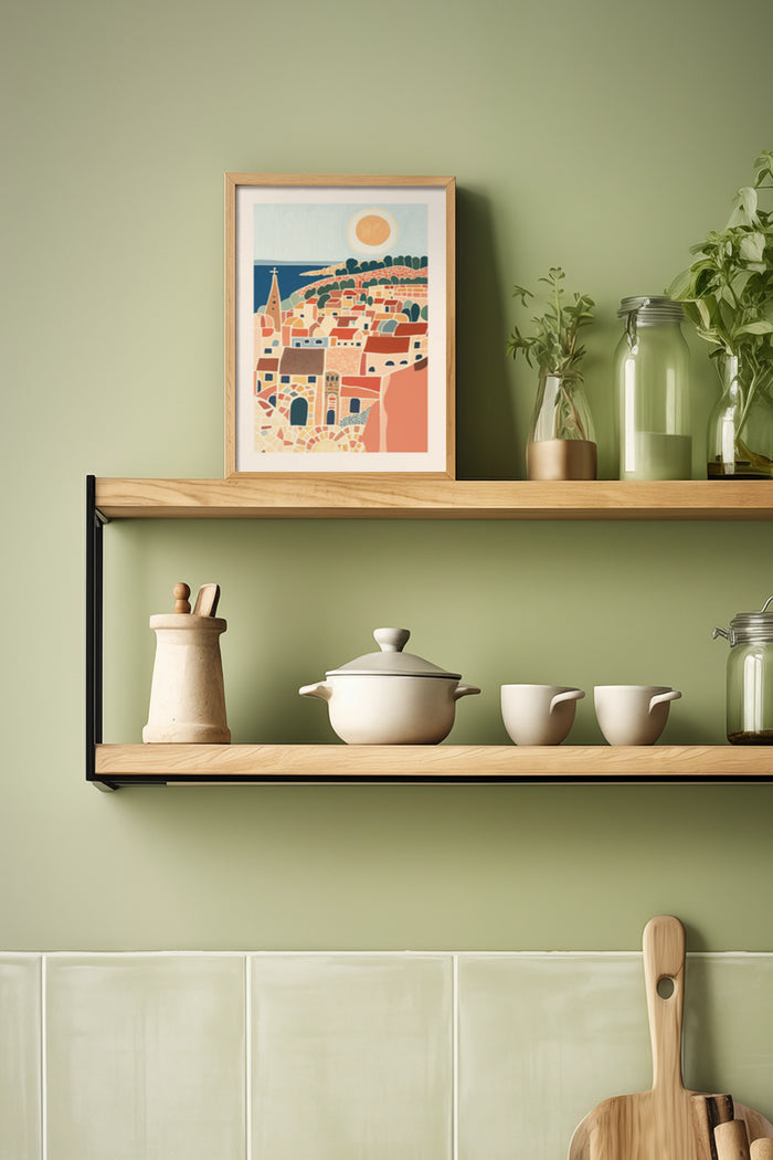Vintage-style illustration poster of a seaside town with sun, displayed on a wall shelf with kitchenware and plants in a stylish home interior