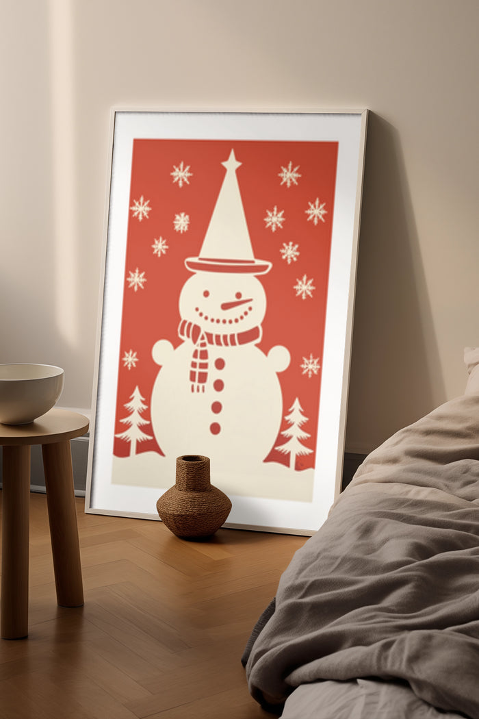 Vintage Style Snowman Christmas Poster in a Cozy Bedroom Setting