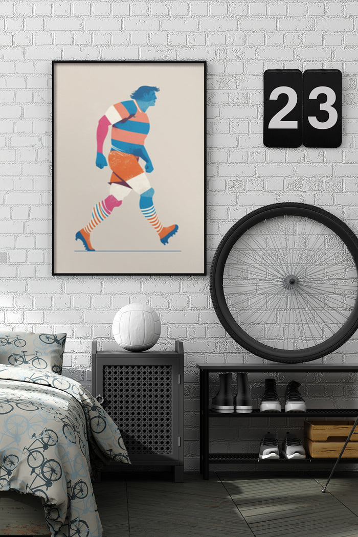 Retro soccer player illustration poster in contemporary bedroom setting