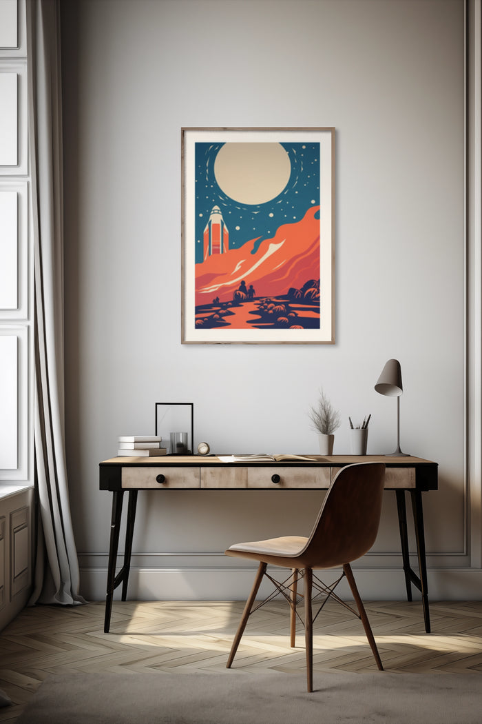 Vintage Style Space Travel Poster in a Modern Home Office Setting