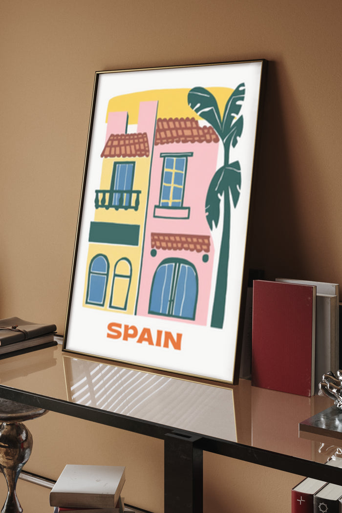 Vintage Style Spain Travel Poster with Illustration of Traditional Houses and Palm Tree in Modern Home Decor Setting