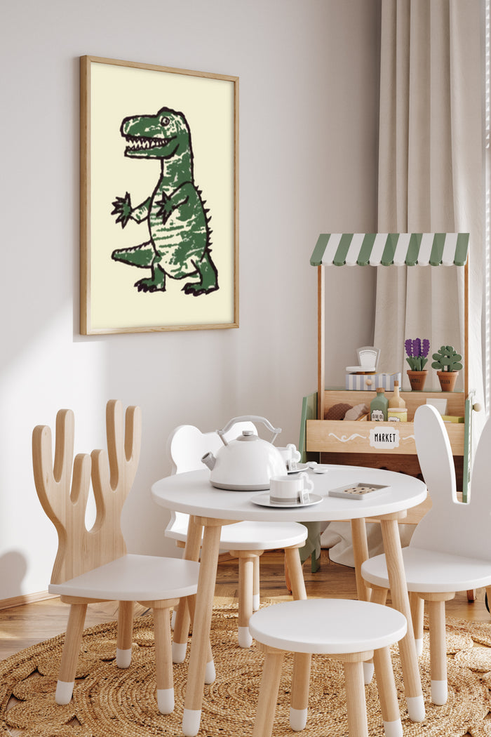 Vintage style Tyrannosaurus Rex illustration poster framed in a modern home interior setting