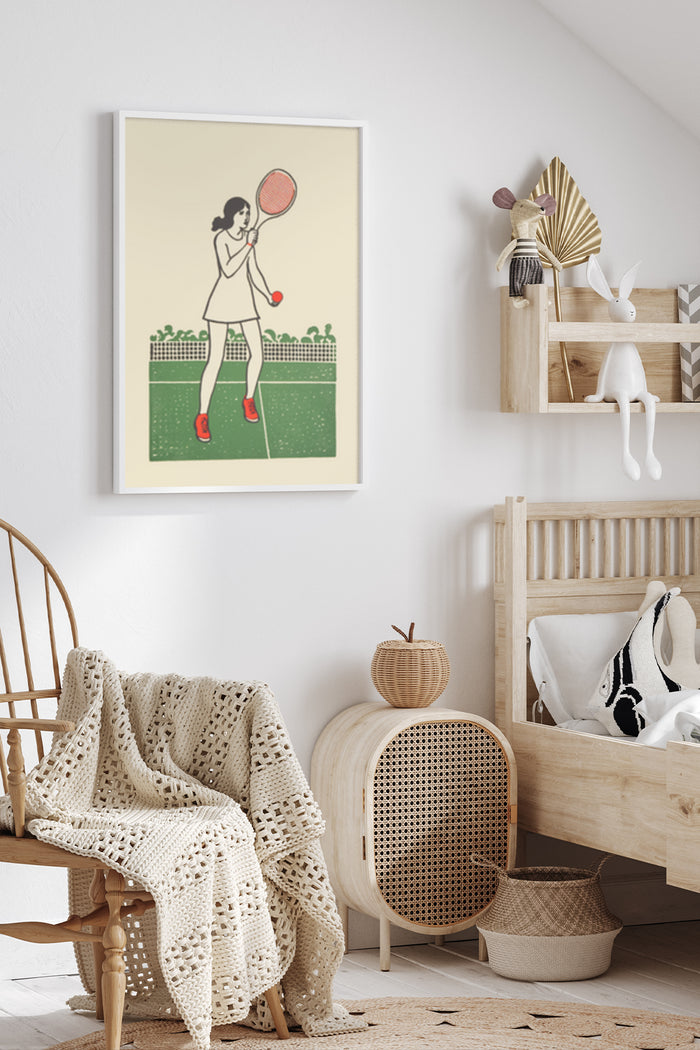 Vintage Style Poster of a Female Tennis Player in Action Mounted on a Wall