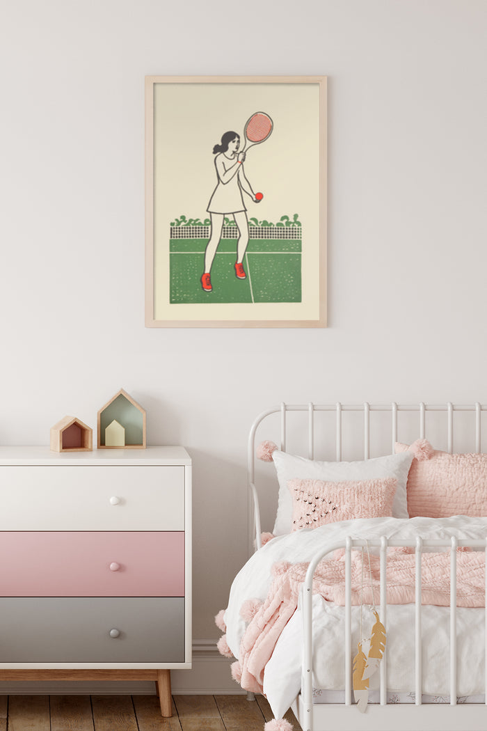 Vintage style illustration poster of a tennis player hung on a bedroom wall with pink and grey bedroom decor