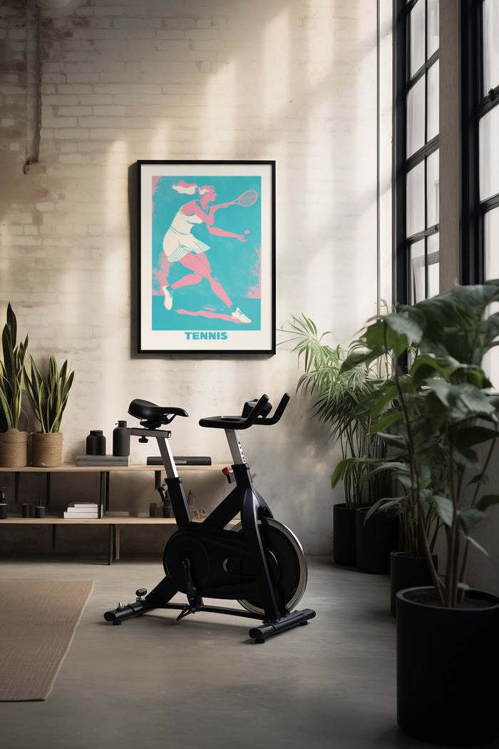 Vintage style tennis player poster framed on a wall in a contemporary indoor setting with exercise bike and plants