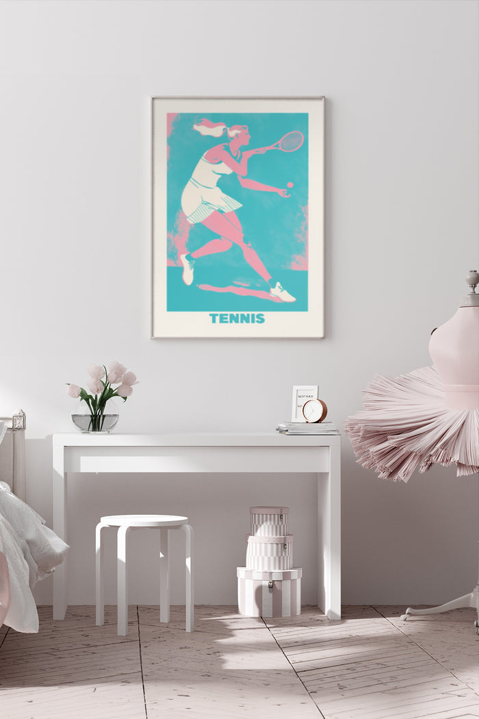 Retro tennis player poster with vibrant teal and pink colors on wall above a minimalist white desk