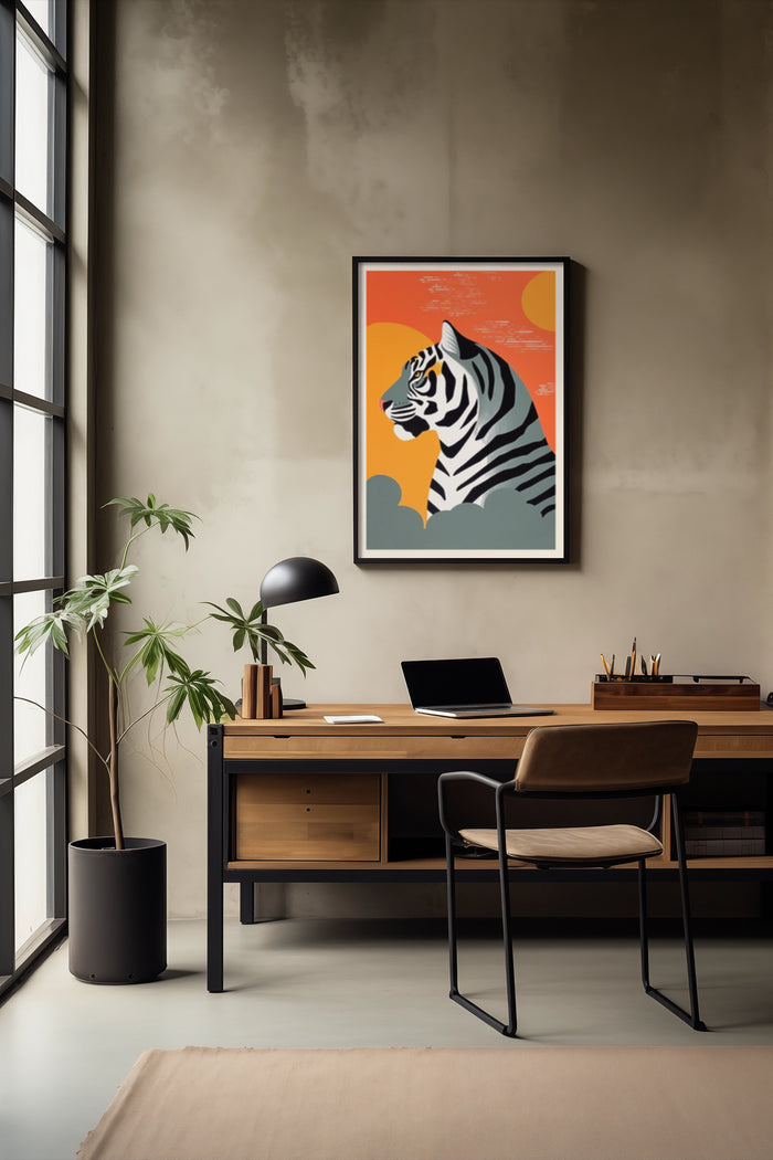 Vintage style tiger illustration poster framed in a modern office interior with desk and laptop