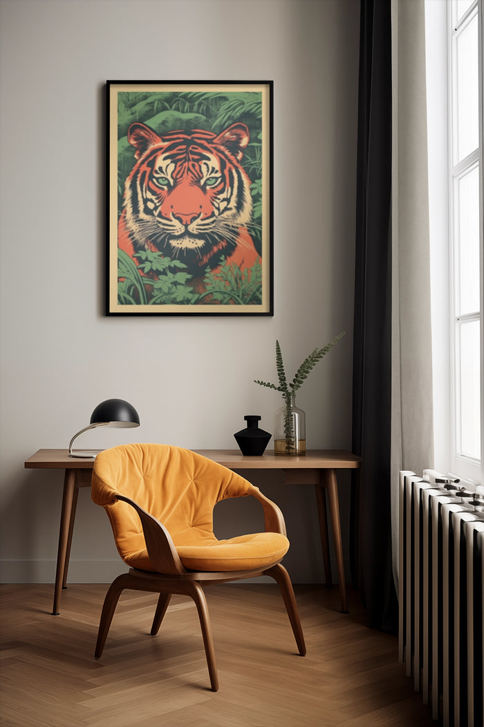 Vintage style tiger poster artwork in modern interior decor setting
