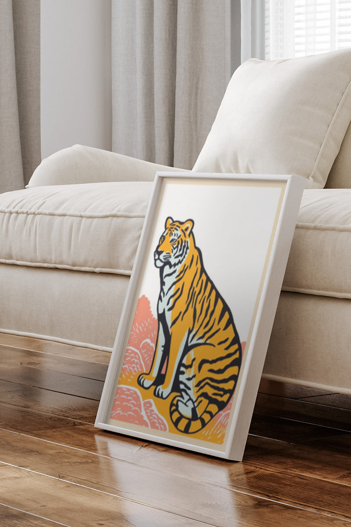 Stylized vintage tiger illustration poster in a home setting, leaning against a sofa