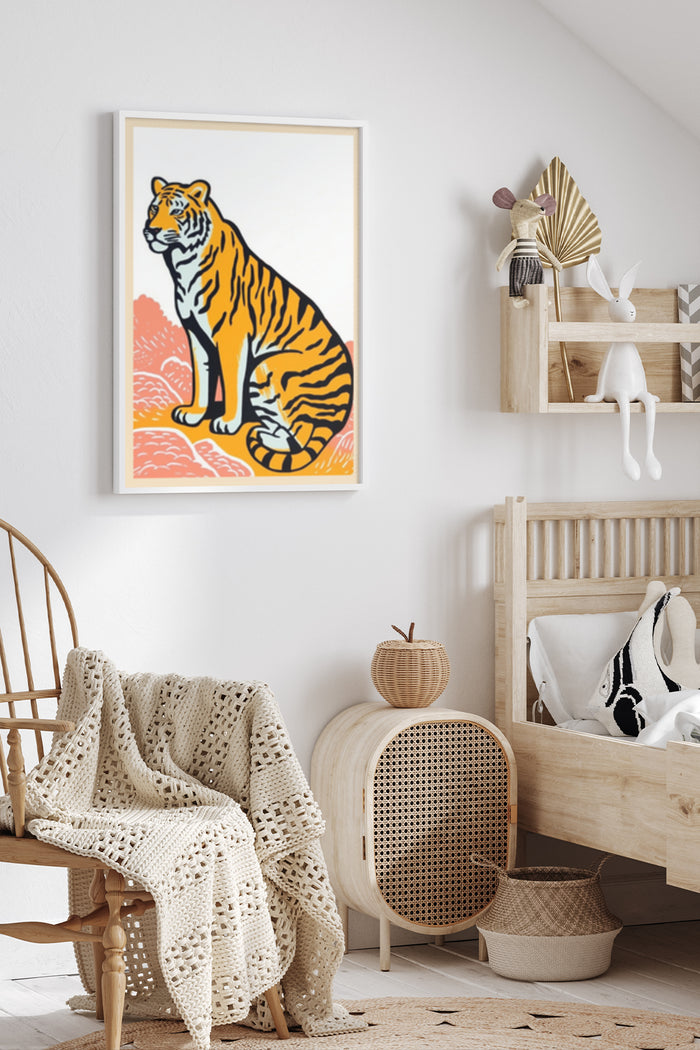 Vintage style tiger illustration poster displayed in a contemporary home setting