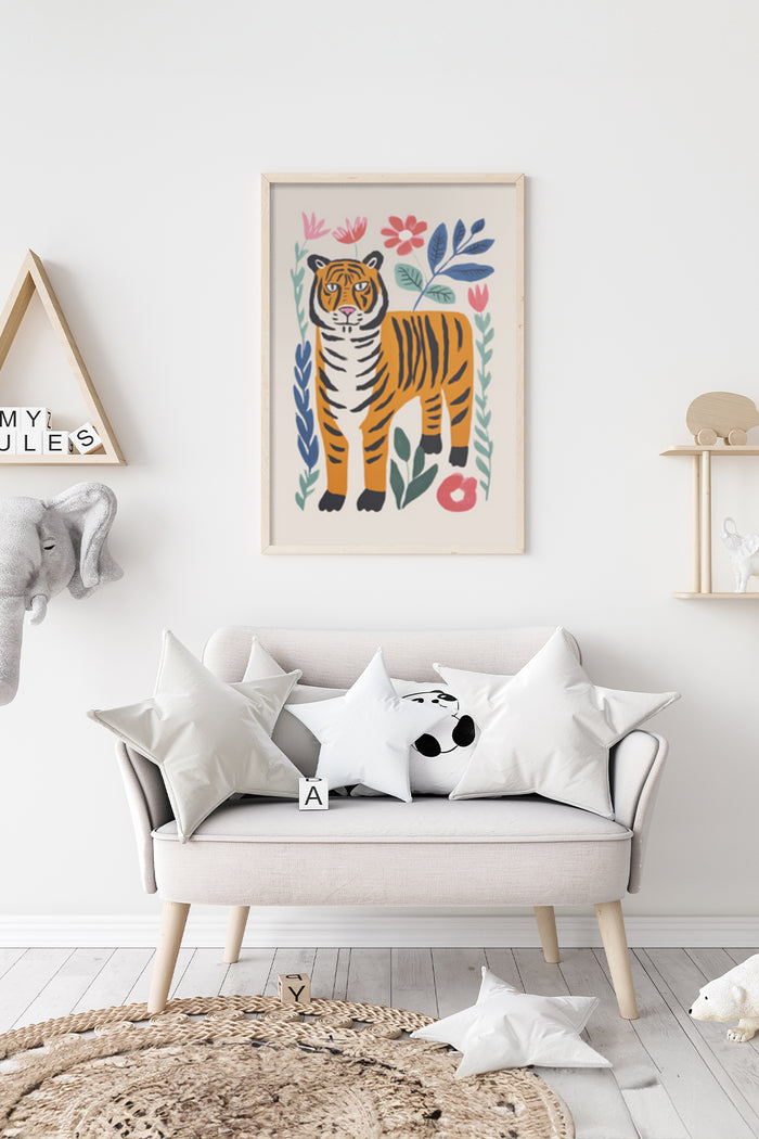 Colorful vintage style tiger poster framed on a nursery room wall surrounded by children's toys and decor