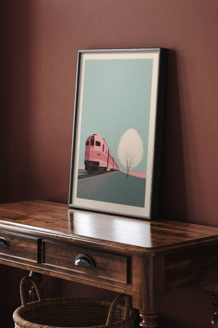 Vintage style travel poster featuring a red train and tree on a minimalist landscape