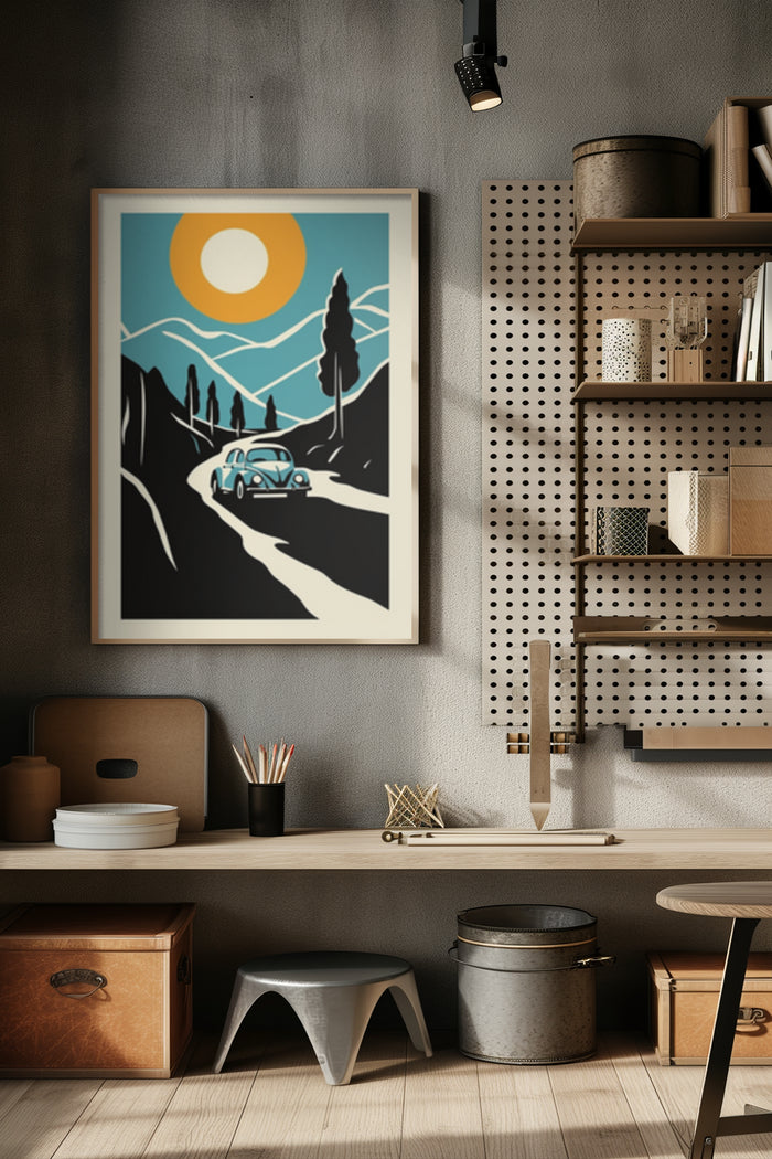 Vintage travel poster with stylized illustration of car driving on mountain road under a large sun