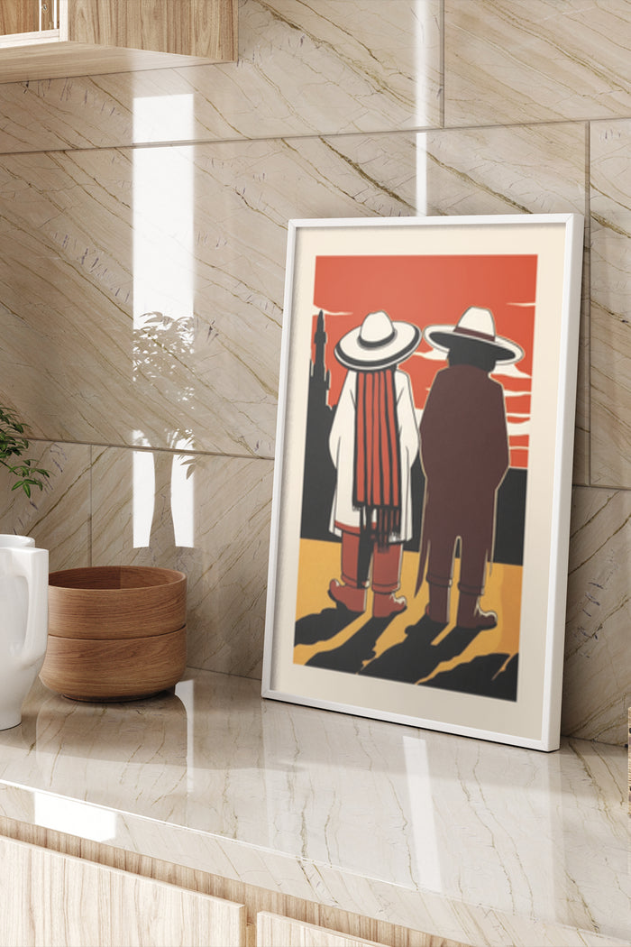 Vintage travel poster featuring two people in hats looking over a sunny destination