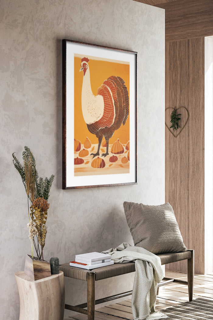 Vintage style turkey illustration with pumpkins for autumn harvest themed poster in a stylish interior setting