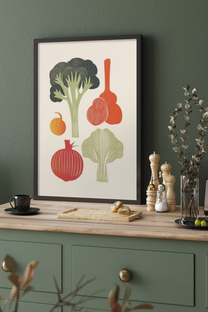 Vintage Style Vegetable Illustration Poster in Stylish Kitchen Interior