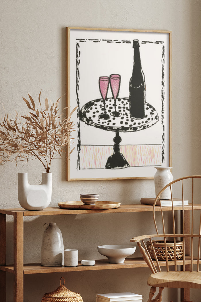 Vintage Style Art Poster with Wine Bottle and Pink Champagne Glasses on Table