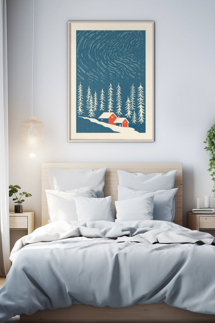 Vintage style winter landscape poster with snowy pine trees and red houses hanging in a modern bedroom