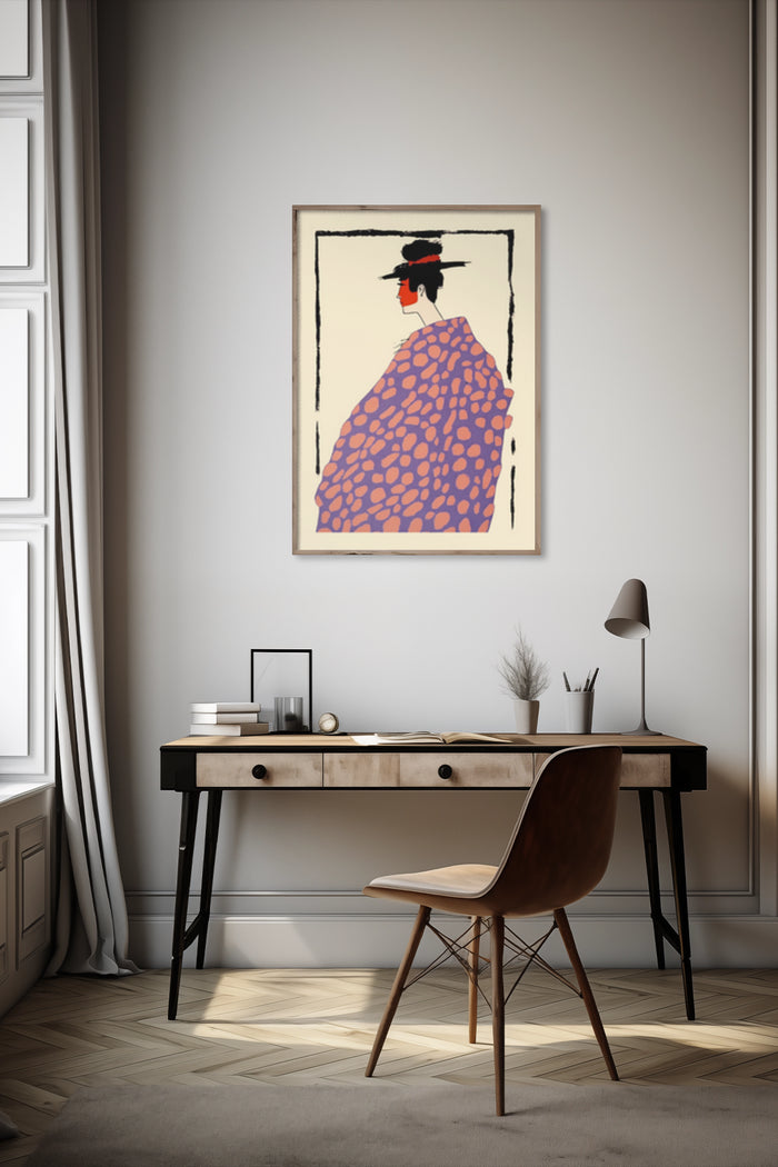 Vintage style poster of a woman in profile with polka-dot shawl in modern interior setting