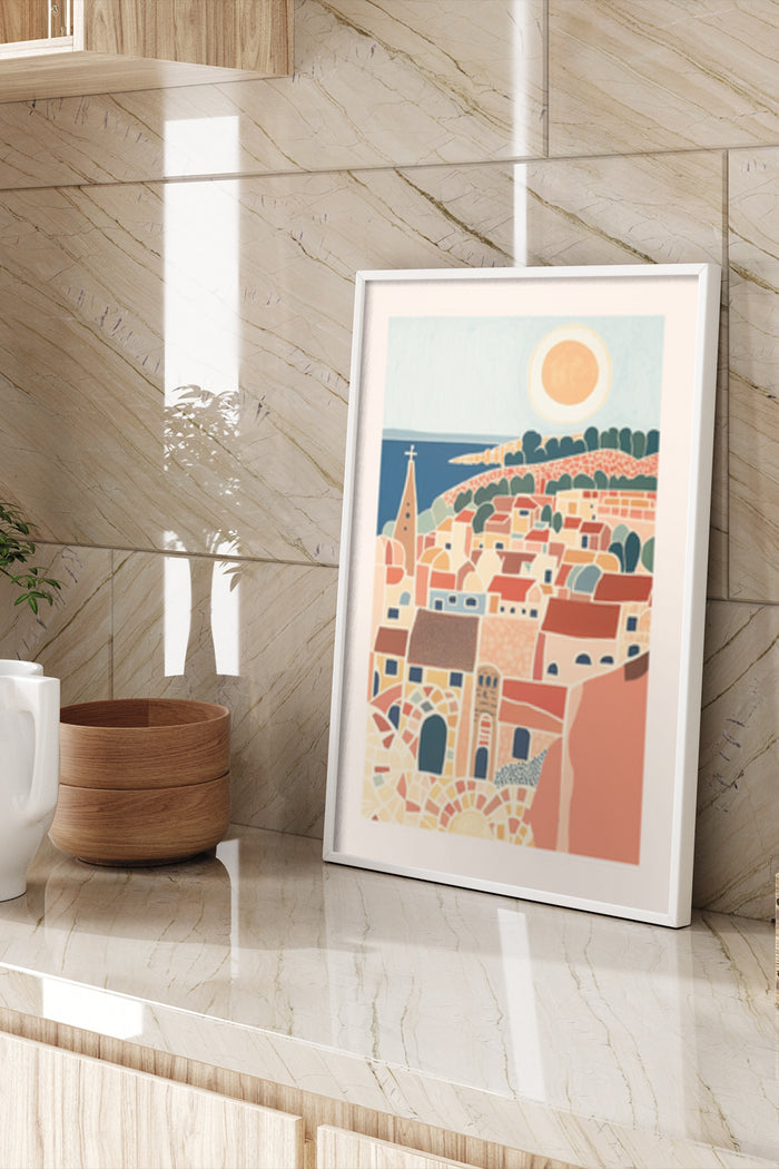 Vintage style poster of a sunset cityscape with sunlit hues hanging in a modern interior