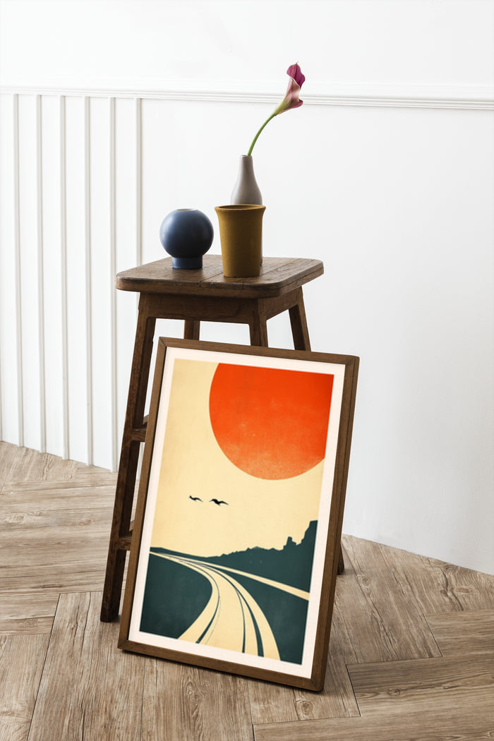Vintage minimalist sunrise poster with silhouette landscape and birds