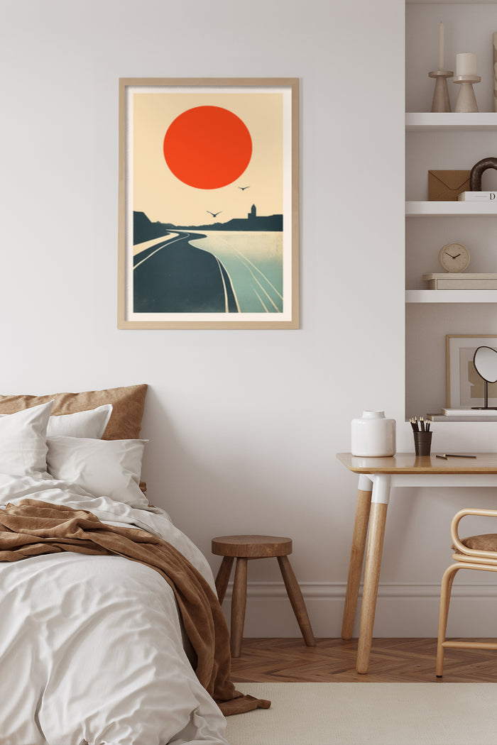 Vintage style sunset poster with road and birds in a modern bedroom interior
