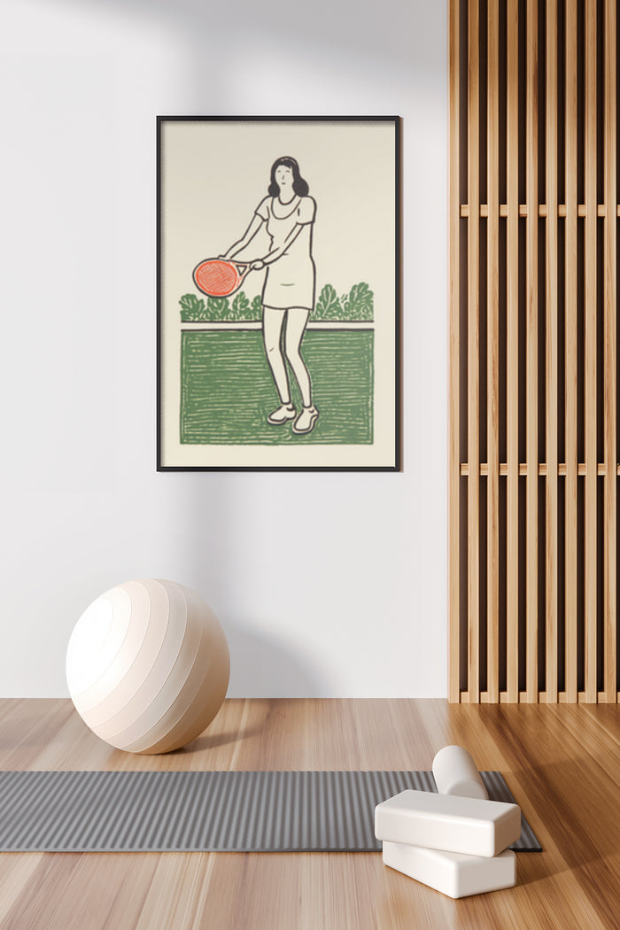Vintage style poster of a female tennis player displayed in a modern home interior