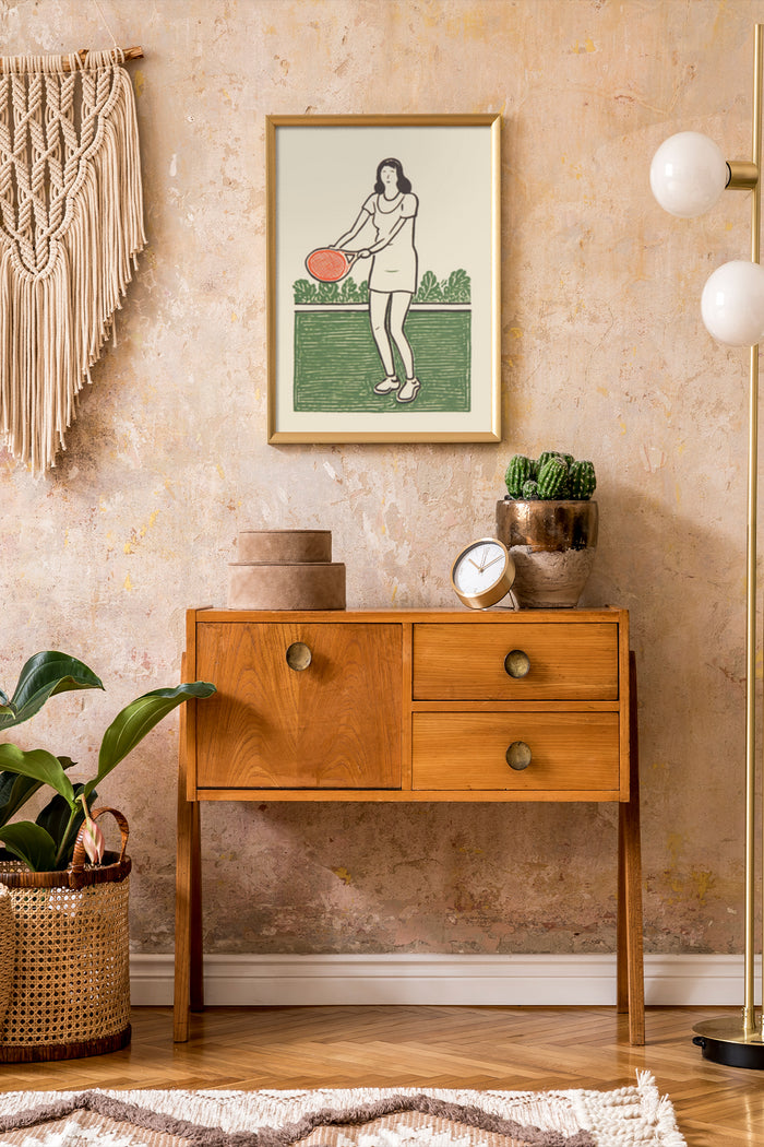 Vintage Tennis Player Poster in Modern Home Decor Setting