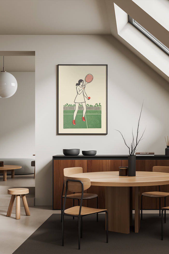Vintage inspired tennis player poster displayed in a chic modern dining room setting
