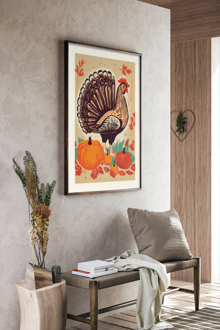 Vintage Thanksgiving poster art with turkey and pumpkins in cozy home interior