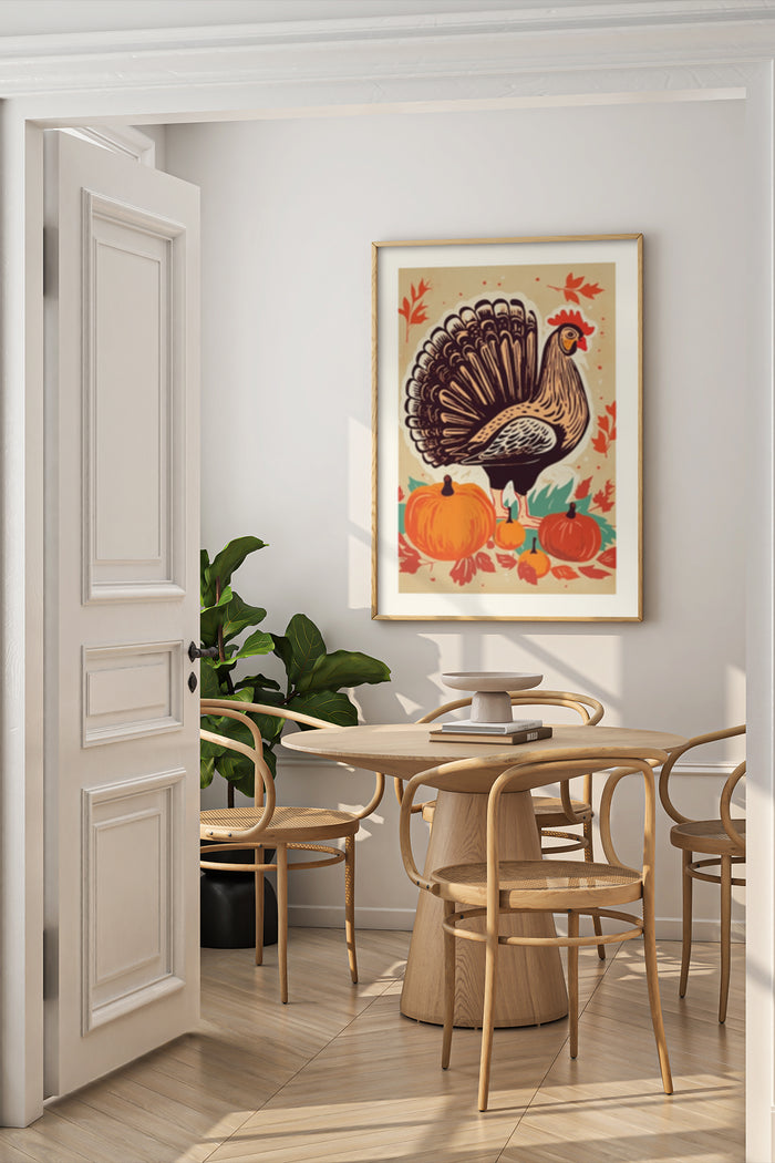 Vintage Thanksgiving poster of a turkey with pumpkins in a stylish dining room