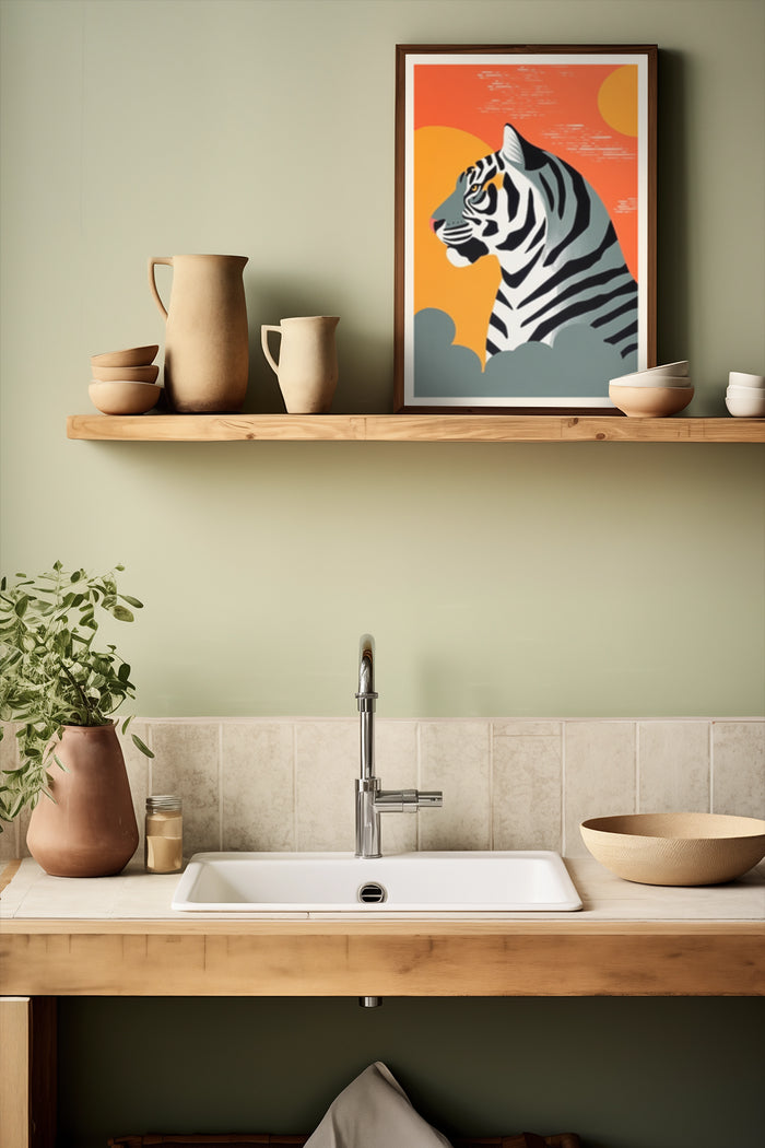 Vintage tiger poster with vibrant orange background displayed in modern kitchen setting