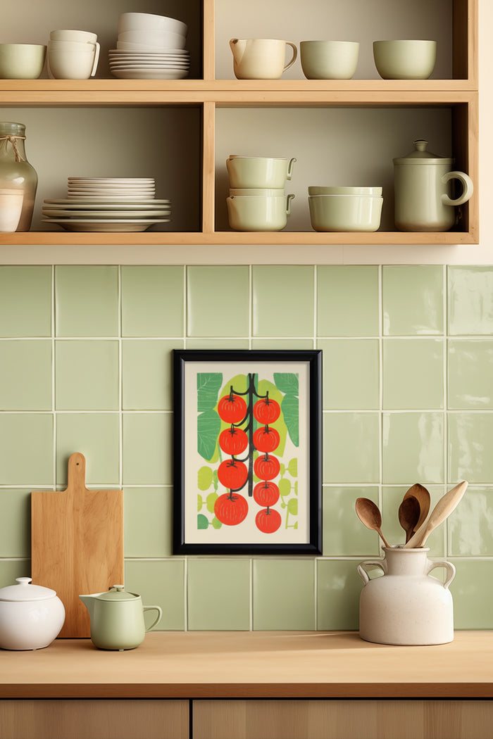 Stylish vintage tomato poster framed on a kitchen wall among shelves with ceramic dishware