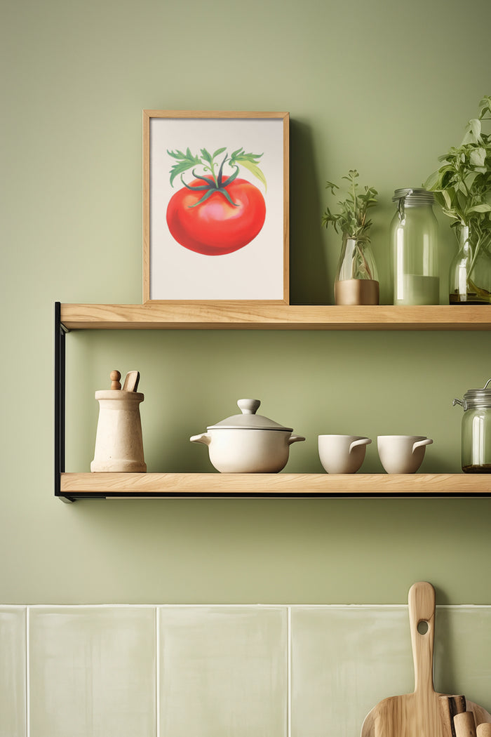 Retro styled tomato artwork displayed in modern kitchen setting