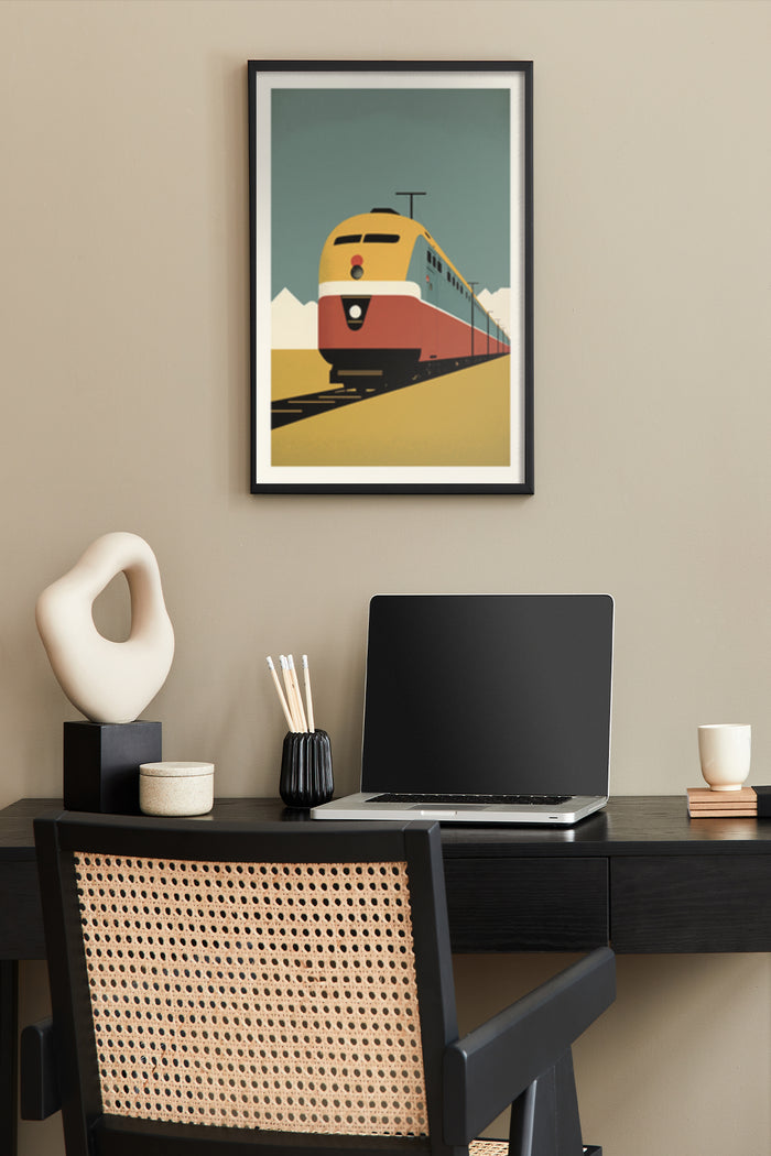 Retro-styled train poster in a modern home office setting