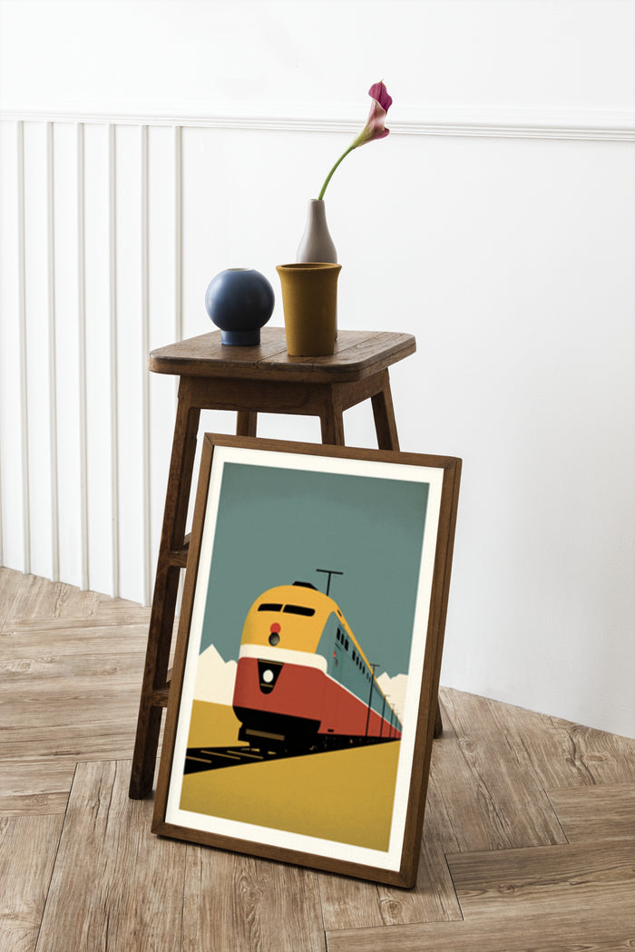 Vintage style train poster leaning against the wall on wooden stool, with a vase and decorative items by the side