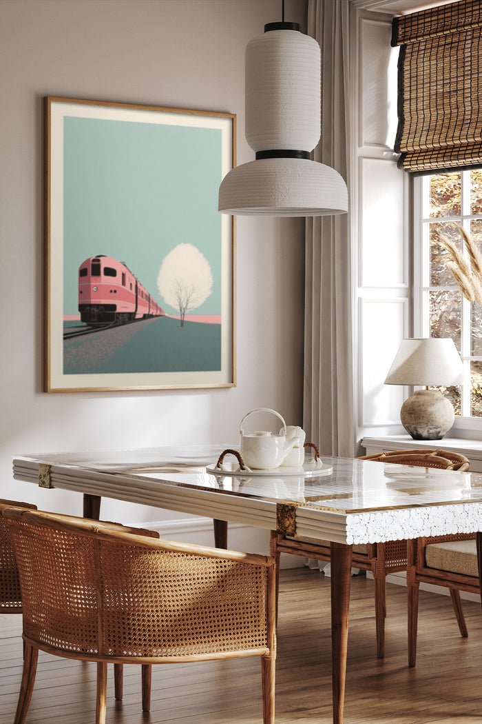 Contemporary home interior featuring a vintage train poster with pastel colors on the wall