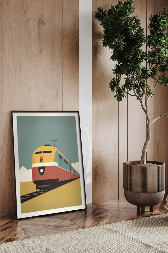 Retro style train travel poster framed in a contemporary room beside an indoor potted plant