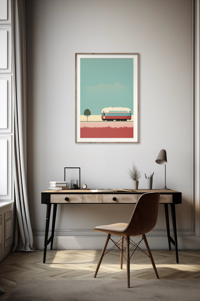 Retro style train illustration poster in a contemporary home office setting