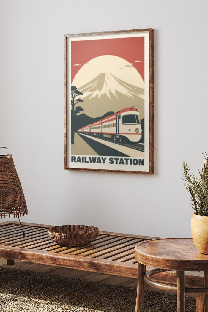 Vintage train travel poster with Mount Fuji background and 'Railway Station' text for home decor
