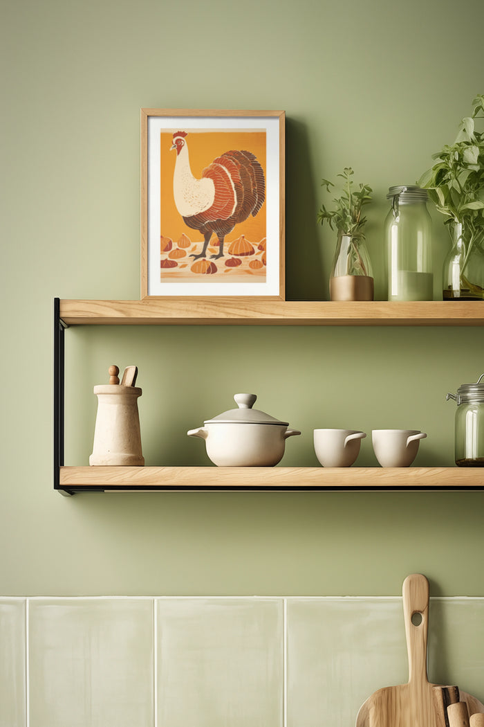 Vintage turkey poster in a stylish kitchen setting with wooden shelves and ceramic cookware