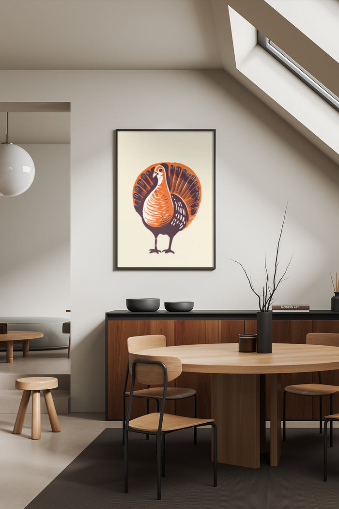 Stylized vintage turkey illustration poster in a modern dining room setting
