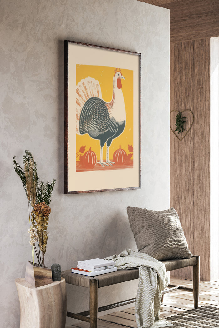 Retro style turkey illustration with pumpkins poster for autumn interior decoration