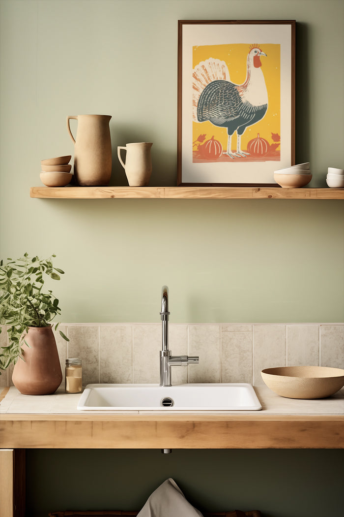 Vintage turkey and pumpkins poster as kitchen wall decor above wooden shelf with pottery