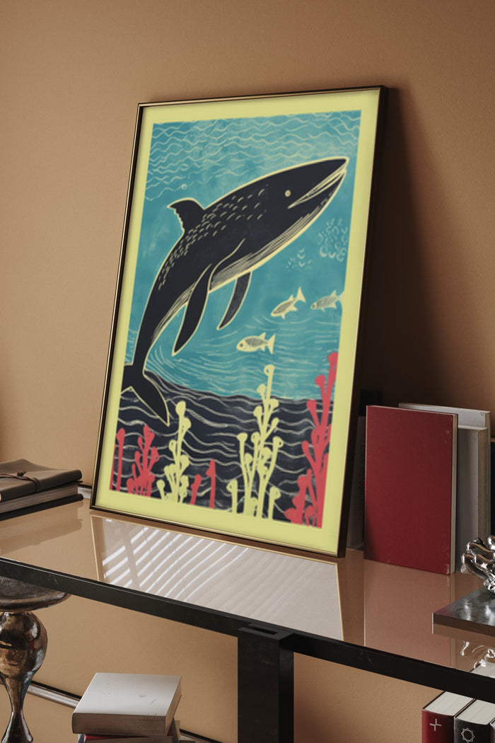 Vintage Style Whale Illustration with Marine Life Poster Art in Home Decor Setting