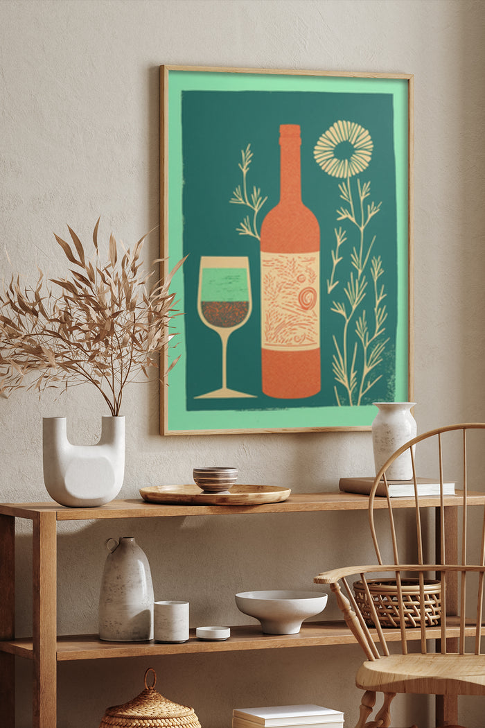 Vintage style poster featuring a wine bottle and glass with decorative patterns and plants