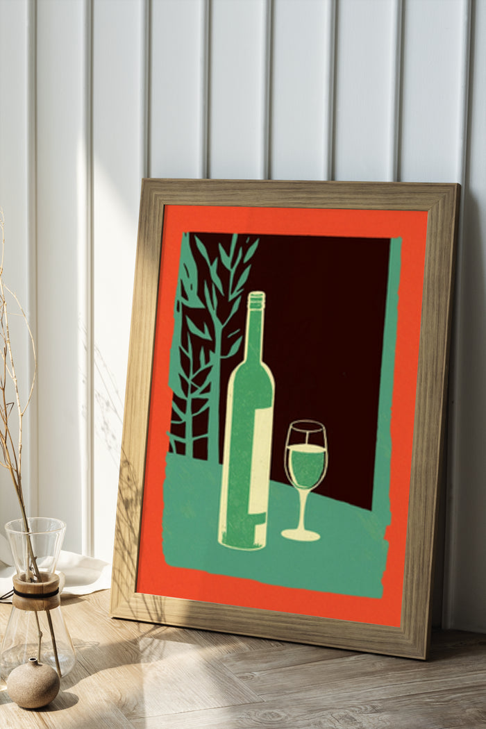 Vintage-style poster of wine bottle and glass with abstract background displayed in a wooden frame