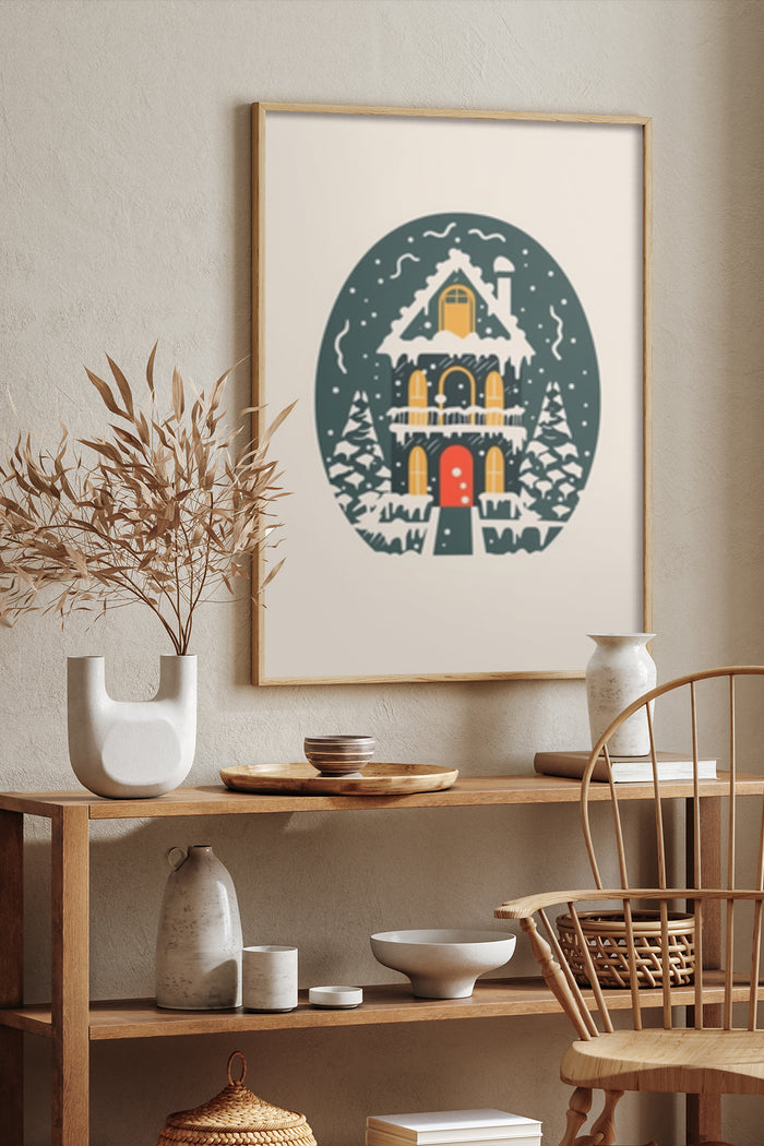 Vintage-style winter cabin poster art displayed in a modern home interior