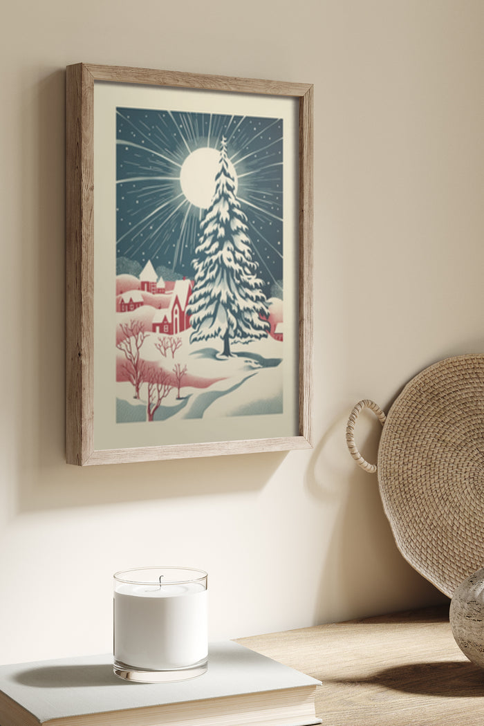 Vintage winter landscape poster featuring a Christmas tree and full moon over snowy village, framed wall art